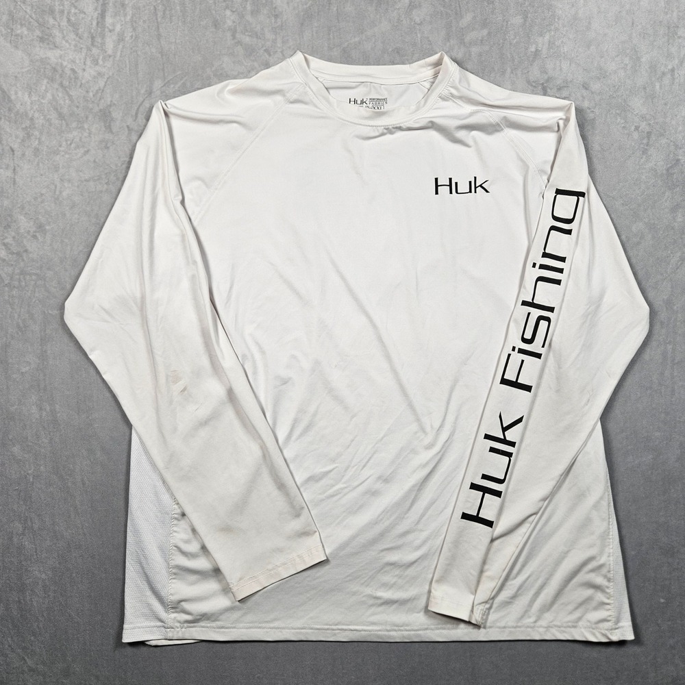 Huk Fishing Shirt Mens XXL White Long Sleeve Graphic Bass Performance Tee - Picture 2 of 11